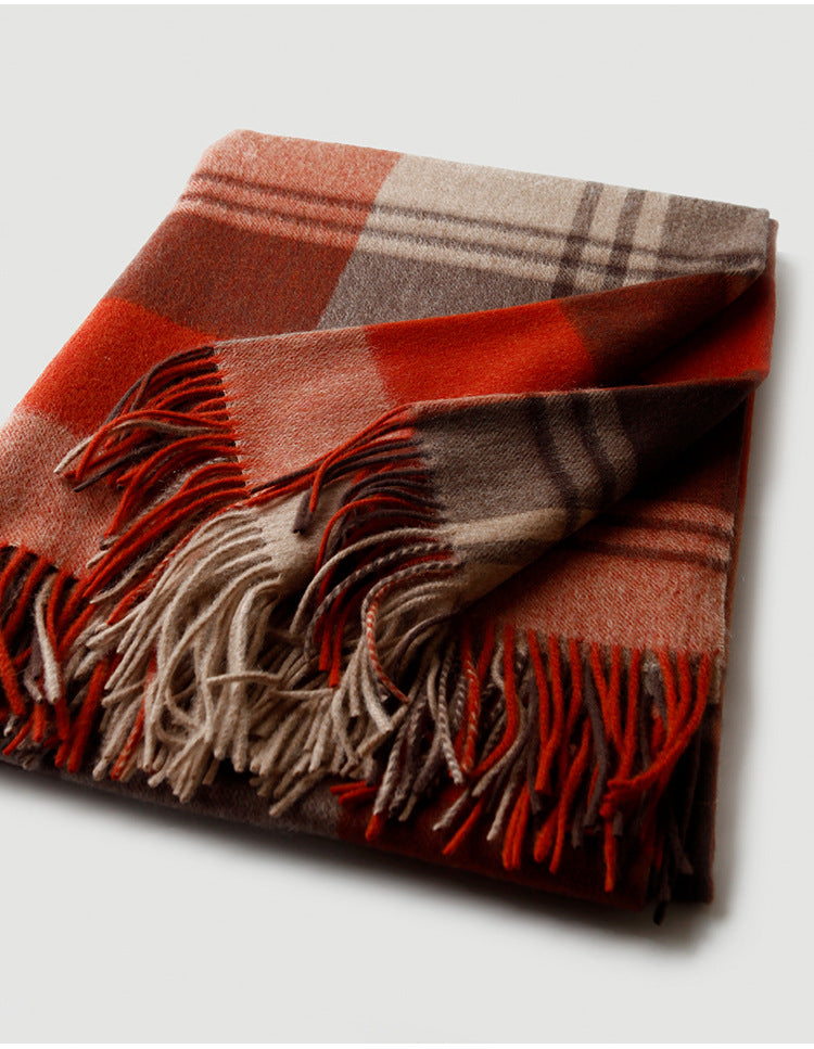Fringed plaid wool throw