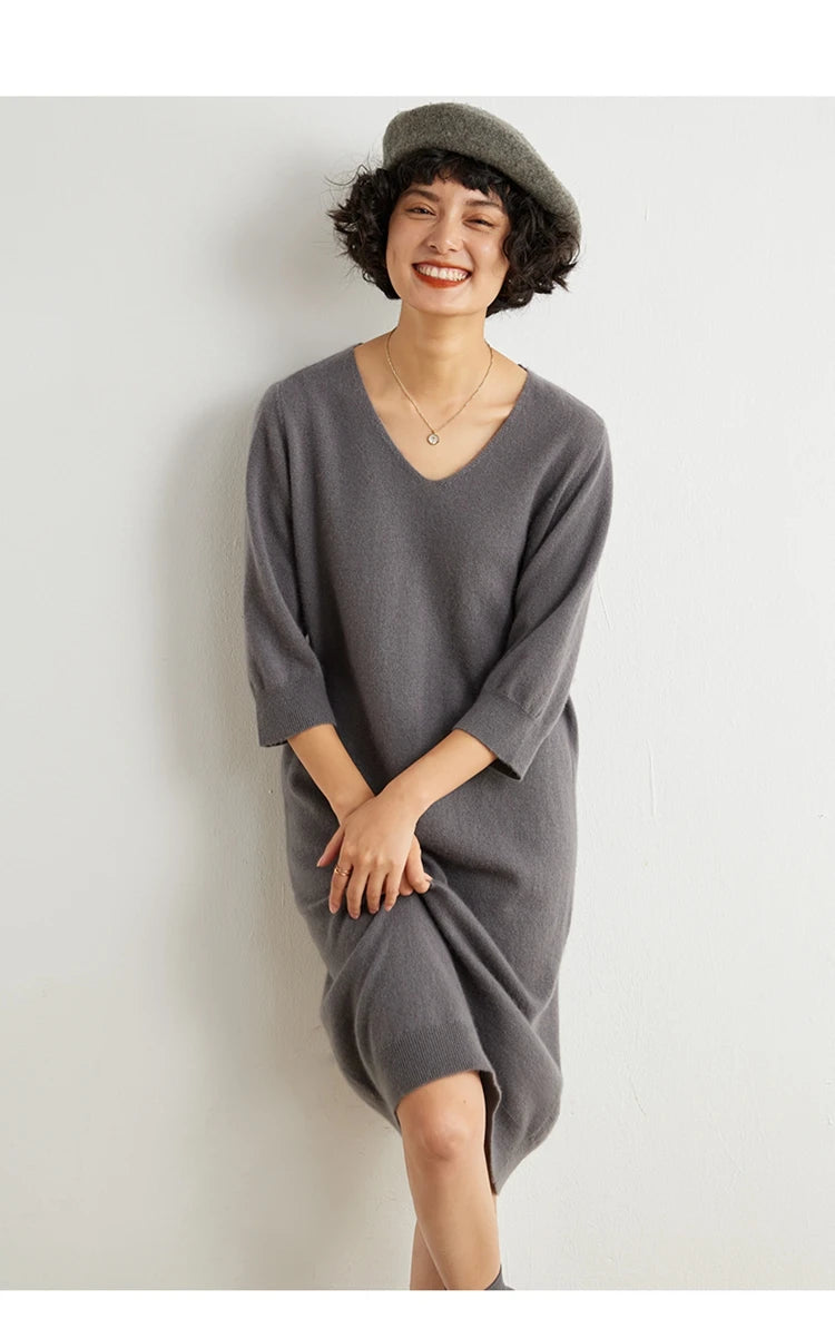 Cashmere V-neck midi dress