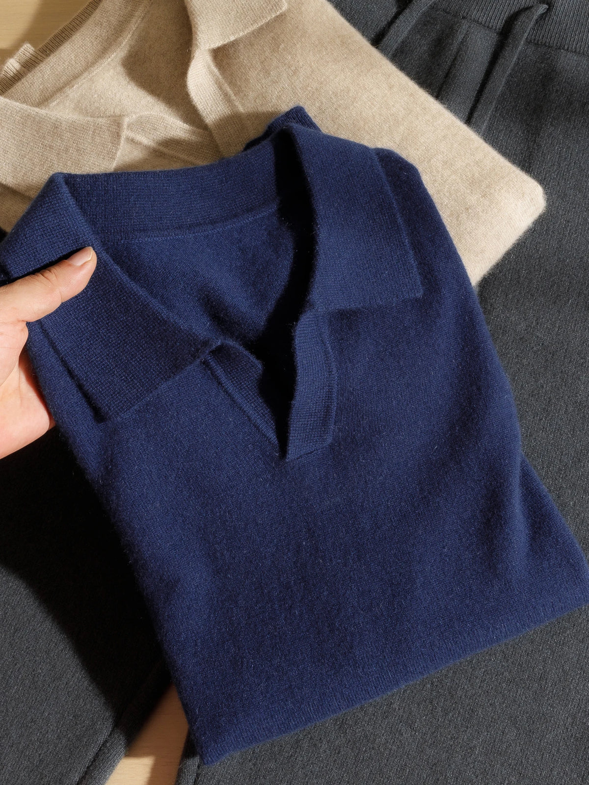 Open-Collar Cashmere Polo Tee