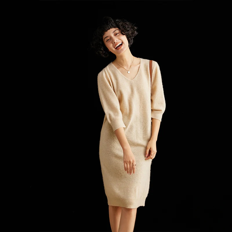 Cashmere V-neck midi dress