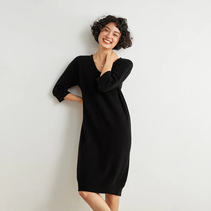 Cashmere V-neck midi dress