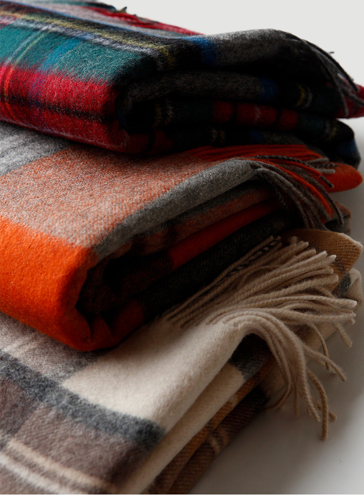 Fringed plaid wool throw